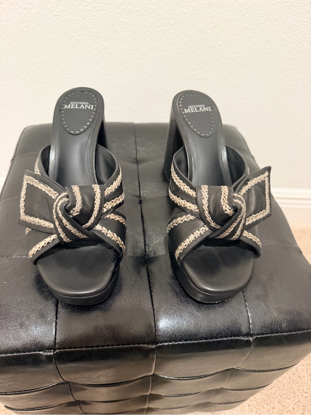 ANTONIO MELANI Black Slide Mules with Cream Braided Trim knot